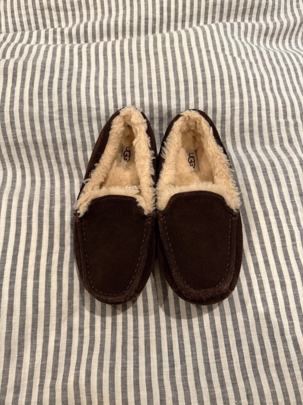 UGG Dark Brown Suede Shearling Moccasin Slippers